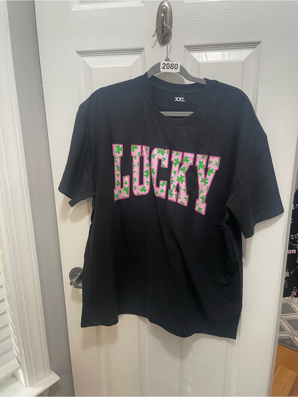 LUCKY Graphic Short Sleeve Tee in Black with Pink & Green Print